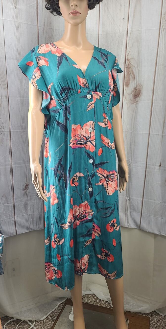 NWT A New Day Teal & Coral Floral Button Down Midi Dress Short Flutter Sleeves
